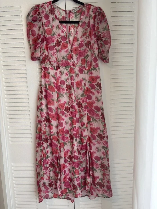 Stradivarius Pink Floral Midi Dress β Puff Sleeves Feminine Chic - Picture 4 of 14